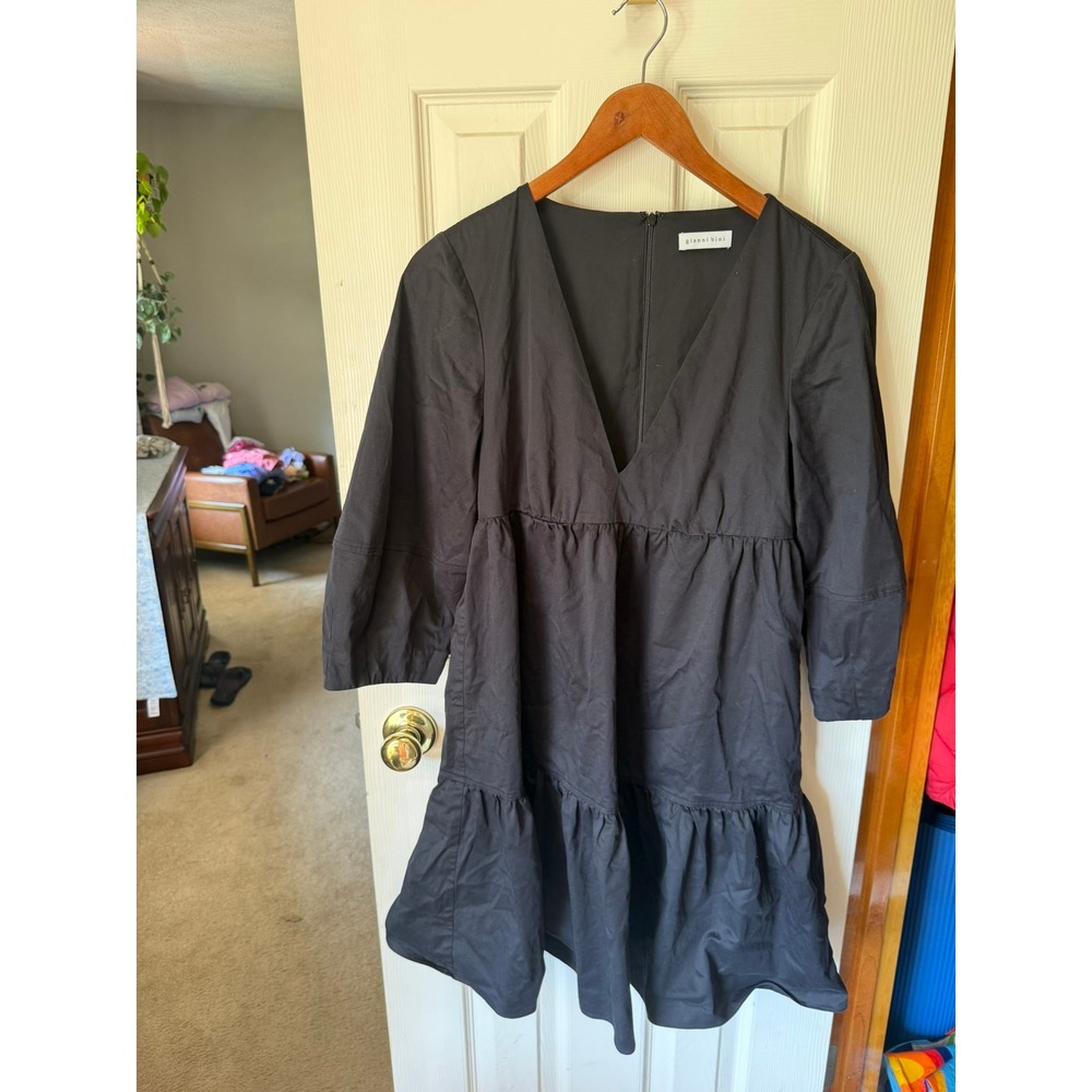 Gianni Bini Black Tierred Babydoll Mini Dress V-Neck Puff Sleeve Boho Chic XS/S
